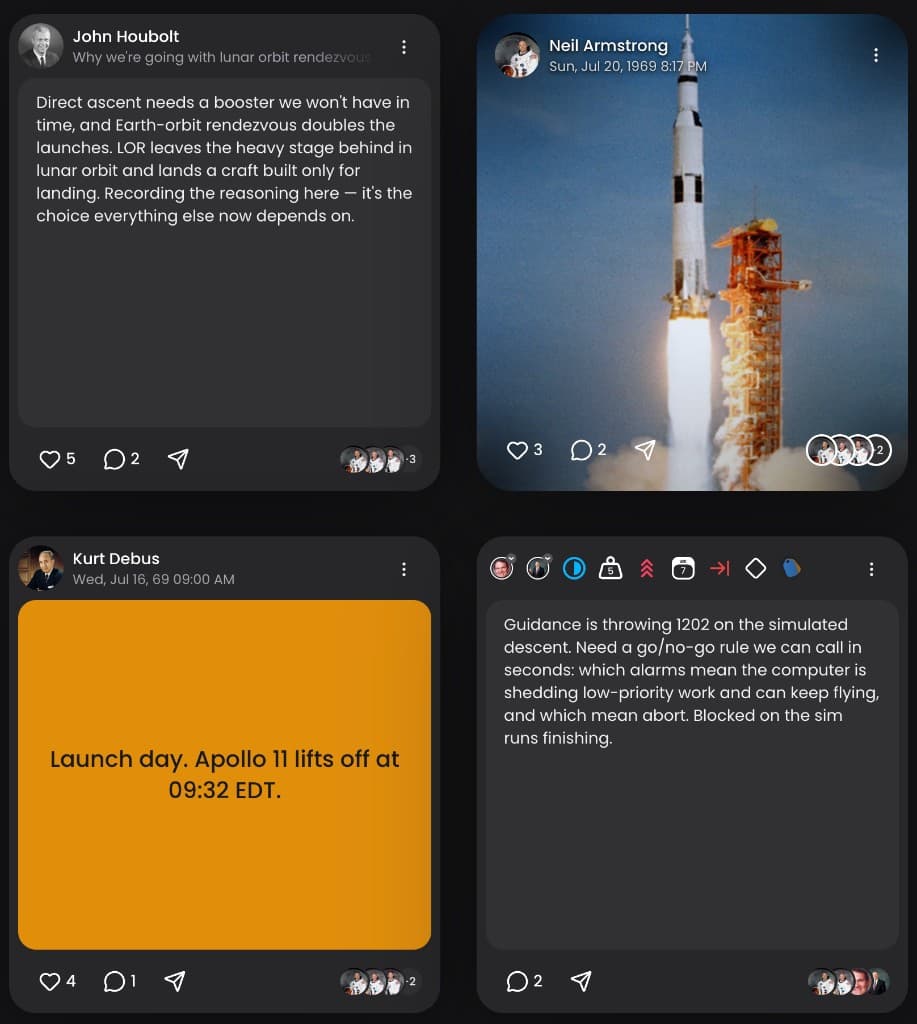 Linecept cards for updates, photos, milestones, and blocked work